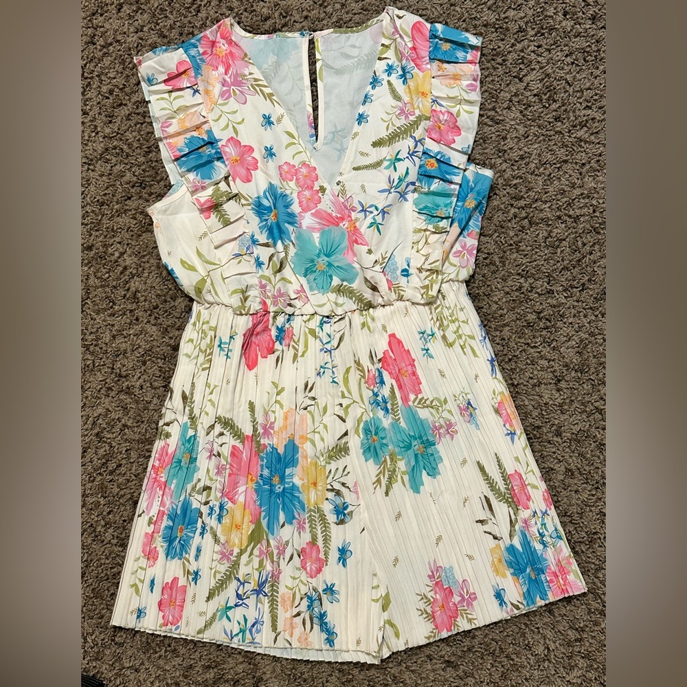 Floral Pleated Ruffle-Sleeve Romper – OiBili – Size L (EU 40/42, US 8/10